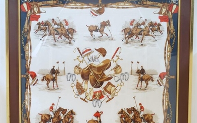 A framed silk Gucci scarf, with a design of polo players, 79 x 79cm