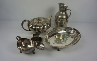 A large assortment of silver plate, including a 19th century melon shaped teapot, with acorn finial
