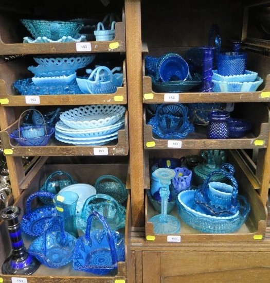 A large collection of Victorian and later blue pressed glass...
