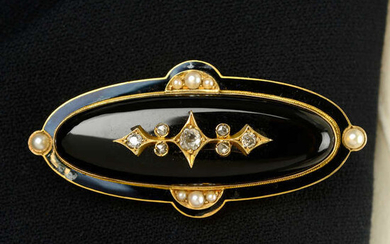 A late 19th century gold onyx and vari-cut diamond mourning brooch, with black enamel and split pearl surround.