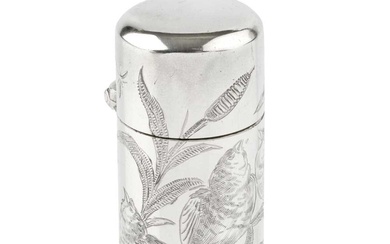A late Victorian silver cylindrical scent bottle, engraved with songbirds...