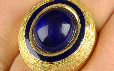 A mid 20th century gold lapis lazuli, blue enamel and textured ring.