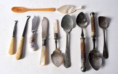 A miscellaneous collection of antler and mother of pearl handled plated cutlery and bone handled but