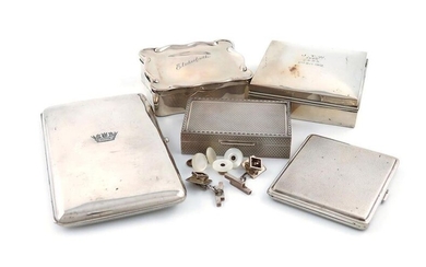 A mixed lot of silver items, various dates and makers, comprising: a naval cigarette case, the front with the Naval crown, the reverse with the names of various ships, the interior inscribed, length 14.8cm, plus a dressing table box, of rectangular...