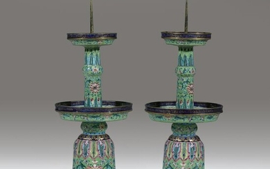 A pair of Chinese enameled copper pricket candlesticks