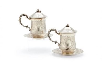 A pair of German silver coloured sahlep cups, covers and saucers for the Ottoman market by Lutz & Weiss