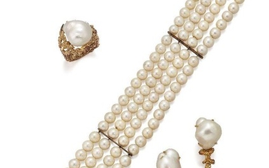A pair of baroque cultured pearl earrings and ring and cultured pearl bracelet, the earrings each supporting a baroque cultured pearl to a similar surmount with textured leaf detail, clip and post fittings, the ring of matching design, ring size P...