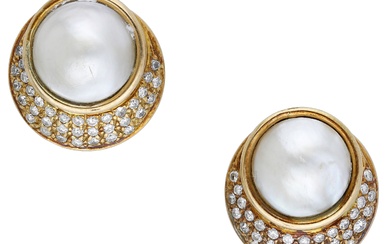 A pair of cultured mabé pearl and diamond earrings, the cultured mabé...