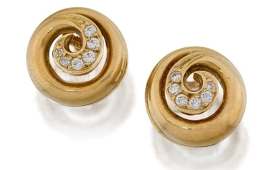 A pair of diamond-set ear studs, unmarked, of circular twist design, each pave-set with six small round brilliant cut diamonds, post fittings, 1cm dia., gross weight approx. 4.9g