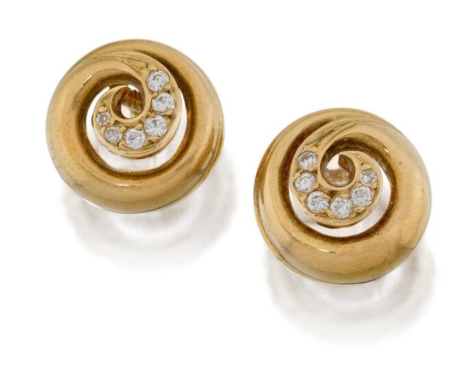 A pair of diamond-set ear studs, unmarked, of circular twist design, each pave-set with six small round brilliant cut diamonds, post fittings, 1cm dia., gross weight approx. 4.9g