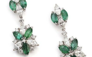 A pair of emerald and diamond ear pendants each set...