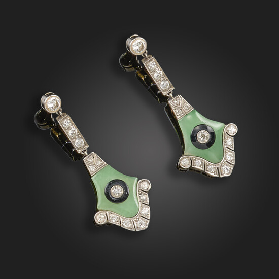 A pair of jade, onyx and diamond drop earrings