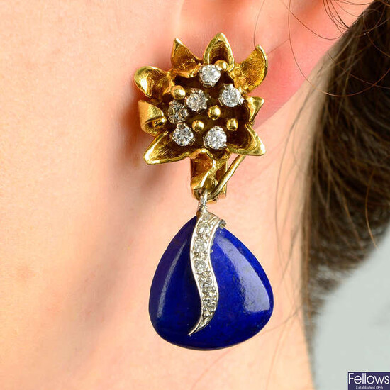 A pair of mid 20th century gold brilliant-cut diamond textured floral earrings, suspending a diamond and lapis lazuli detachable drop.