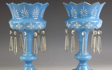 A pair of opaque blue glass lustres, late 19th century, pain...