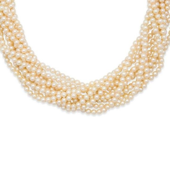 A pearl, diamond and eighteen karat gold necklace