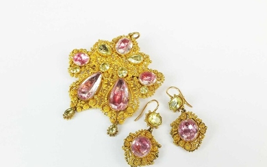 A pink topaz and chrysoberyl cannetille brooch