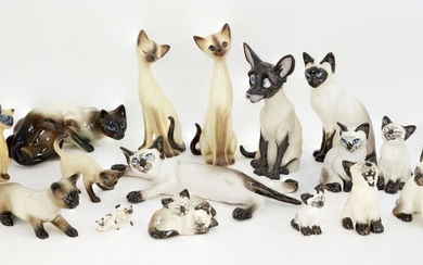 A quantity of pottery Siamese cats, to include seven Seneshall cats, with painted signature and titles to bases, tallest 20.5cm, together with a further Winstanley Siamese cat, 13cm high, a Pets with Personality model, 23cm high, and eight further...