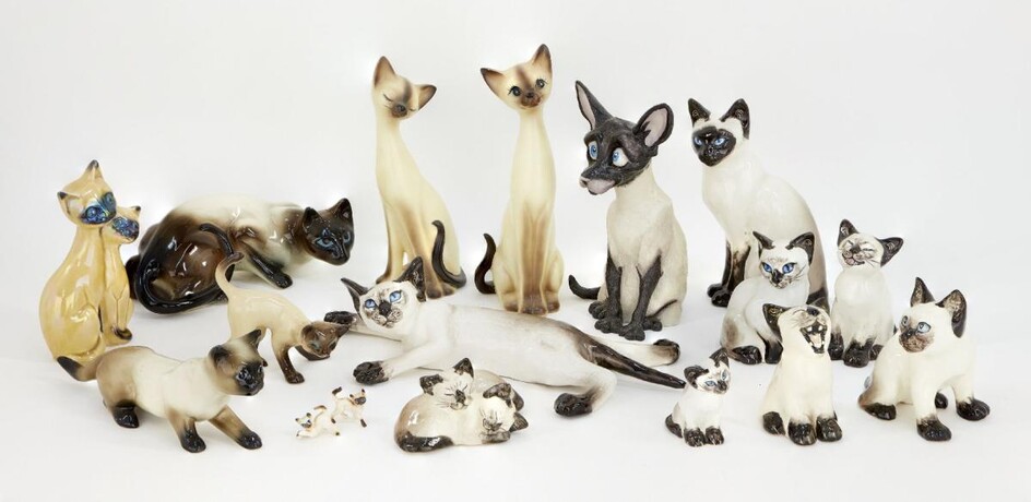 A quantity of pottery Siamese cats, to include seven Seneshall cats, with painted signature and titles to bases, tallest 20.5cm, together with a further Winstanley Siamese cat, 13cm high, a Pets with Personality model, 23cm high, and eight further...