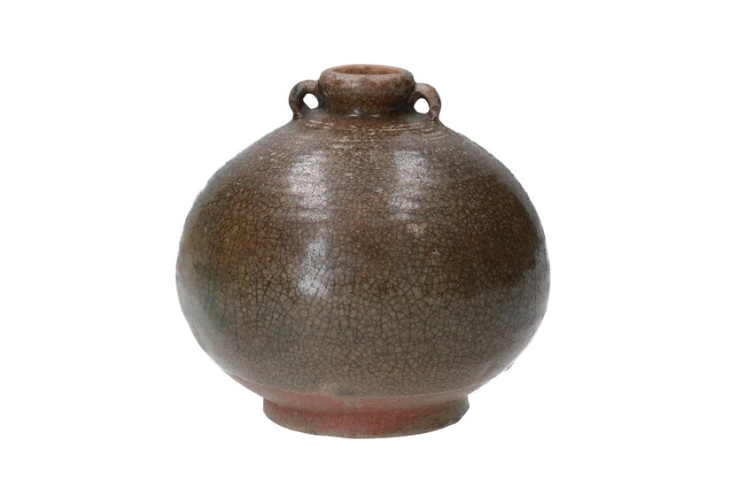(-), A round brown glazed earthenware jar with...