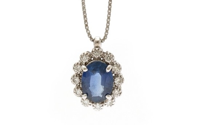 A sapphire and diamond pendant set with a sapphire encircled by numerous diamonds, mounted in 18k white gold, on an 18k white gold necklace. (2)