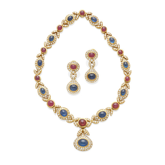 A sapphire, ruby and diamond necklace and ear clip set