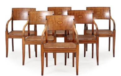 A set of six 19th century mahogany armchairs, decorated with intarsia, French...