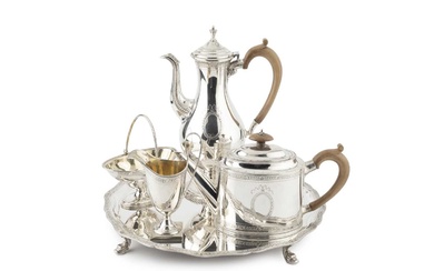 A silver four piece tea and coffee service, with tray,...