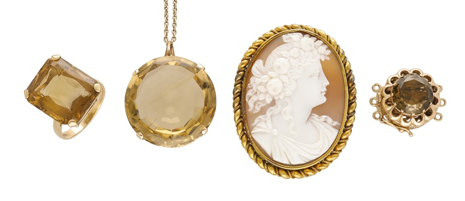 A small collection of citrine jewellery and a cameo brooch, comprising a...