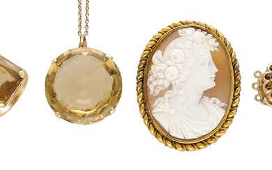 A small collection of citrine jewellery and a cameo brooch, comprising a...