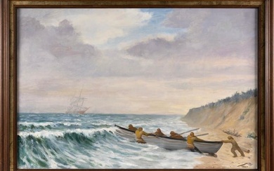 AMERICAN SCHOOL (20th Century,), Lifeboat heading out on a rescue., Oil on canvas, 24" x 36". Framed