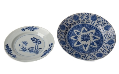 AN 18TH CENTURY CHINESE EXPORT PORCELAIN PLATE AND A LATER PLATE