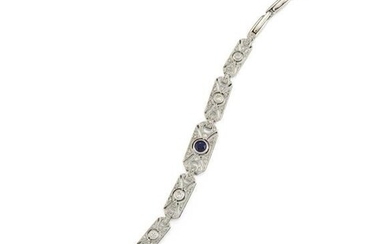 AN ART DECO STYLE 18CT WHITE GOLD SAPPHIRE AND DIAMOND