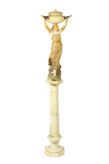 AN ITALIAN AND ALABASTER FIGURAL LAMP ON PEDESTAL, 'PROGRESS', BY G. GAMBOGI, FLORENCE, LATE 19TH CENTURY