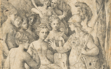ANDREA MELDOLLA, IL SCHIAVONE Minerva and the Muses. Etching, circa 1540. 238x172 mm...