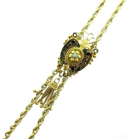 ANTIQUE 14k Yellow Gold Turquoise Enamel Watch Chain