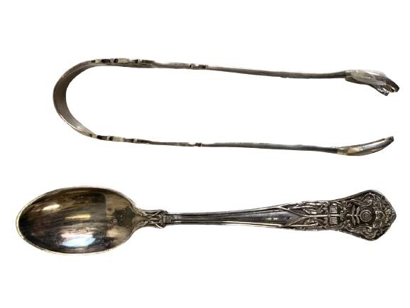 ANTIQUE STERLING SILVER SUGAR TONG AND SPOON .