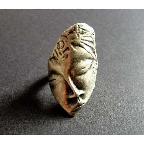 Abstract Silver Plated Serene Face Adjustable Ring