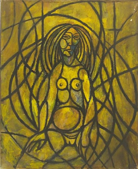 Abstract composition, surreal nude figure, oil on