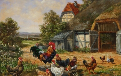 Adolf Lohmann, German b.1928- Farmyard scene with chickens; oil on panel, signed lower left, 21.2 x 27.5 cm: together with two further paintings of swans by the same artist, ea. signed lower left, ea. 7.4 x 15.5 cm (ARR) (3)
