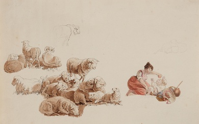 Adrian Zingg - Study of Sheep and a Woman with her Child