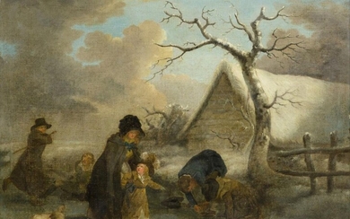 After George Morland, British 1763-1804- A winter landscape with figures skating; oil on canvas, 70.6 x 90.4 cm. Provenance: Private Collection, UK. Note: The present work is a near contemporary copy after the original oil painting, of similar...