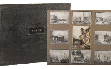 Album With approx. 180 glued-in depictions of people, towns and landscapes, various techniques and sizes, facsimile, embossed half-linen binding. Stronger signs of age, partly dam. and trimmed.