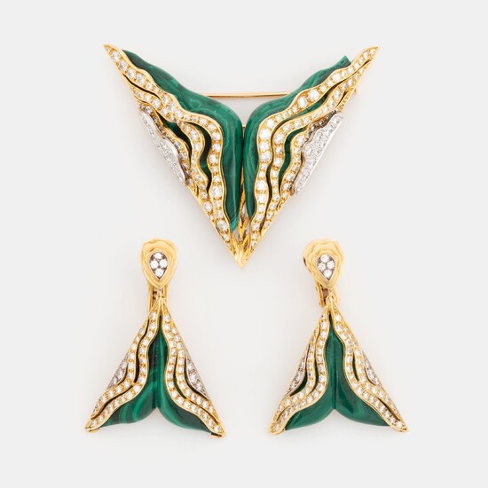 An 18K gold and malachite brooch and pair of earrings set with round brilliant-cut diamonds