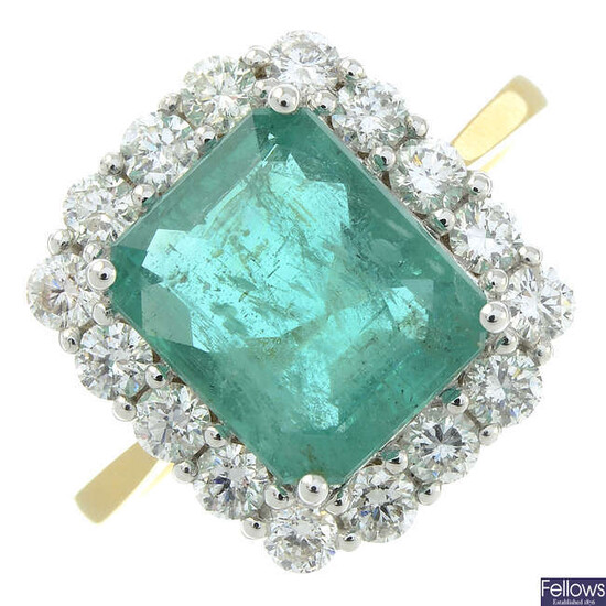 An 18ct gold emerald and diamond square-shape cluster ring.