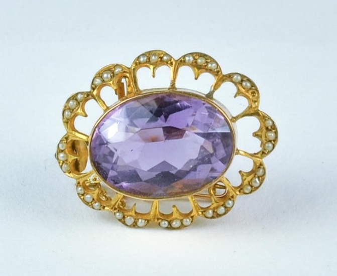 An Amethyst and Seed Pearl Brooch, Modern, 9ct gold...