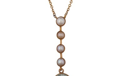 An Edwardian aquamarine and split pearl line pendant necklac...