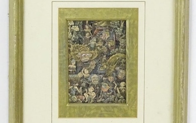 An Indonesian / Balinese watercolours depicting a busy scene with the Barong mythical creature