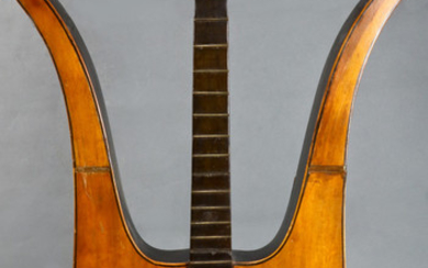 An Italian Alessandro Radizzani mixed wood and mother of pearl inlaid lyre guitar