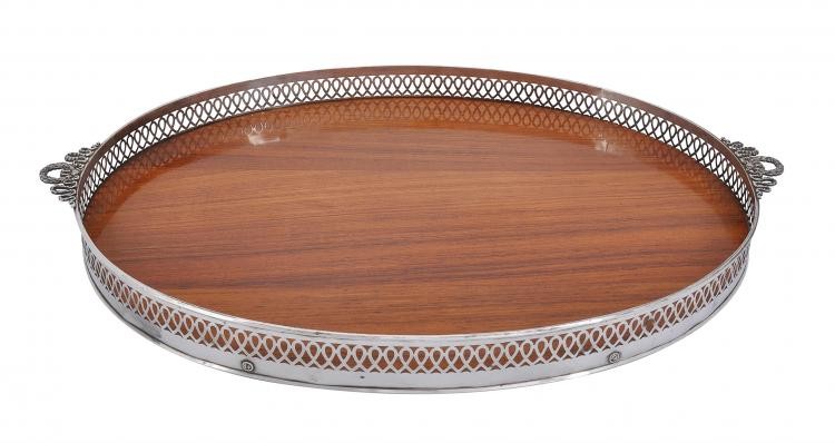 An Italian silver coloured and hardwood twin handled oval tray
