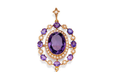 An amethyst and seed pearl pendant